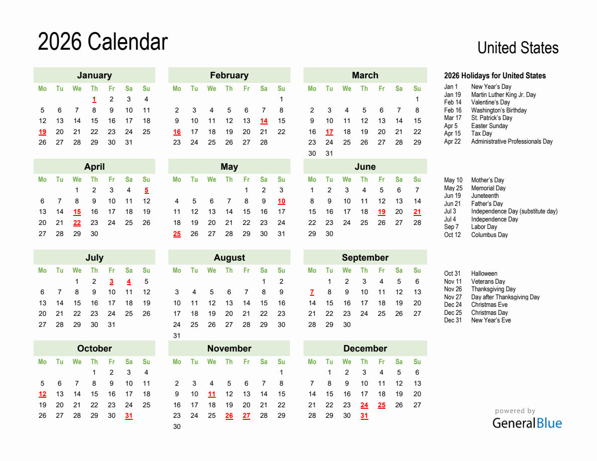 Holiday Calendar 2026 For United States Monday Start