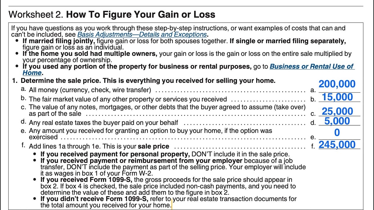 How To Figure Your Gain Or Loss Worksheet Walkthrough IRS Publication 523 Selling Your Home 