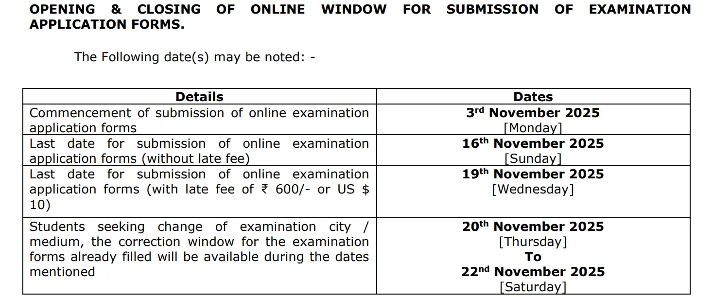 icai exam form dates announced for jan 2026