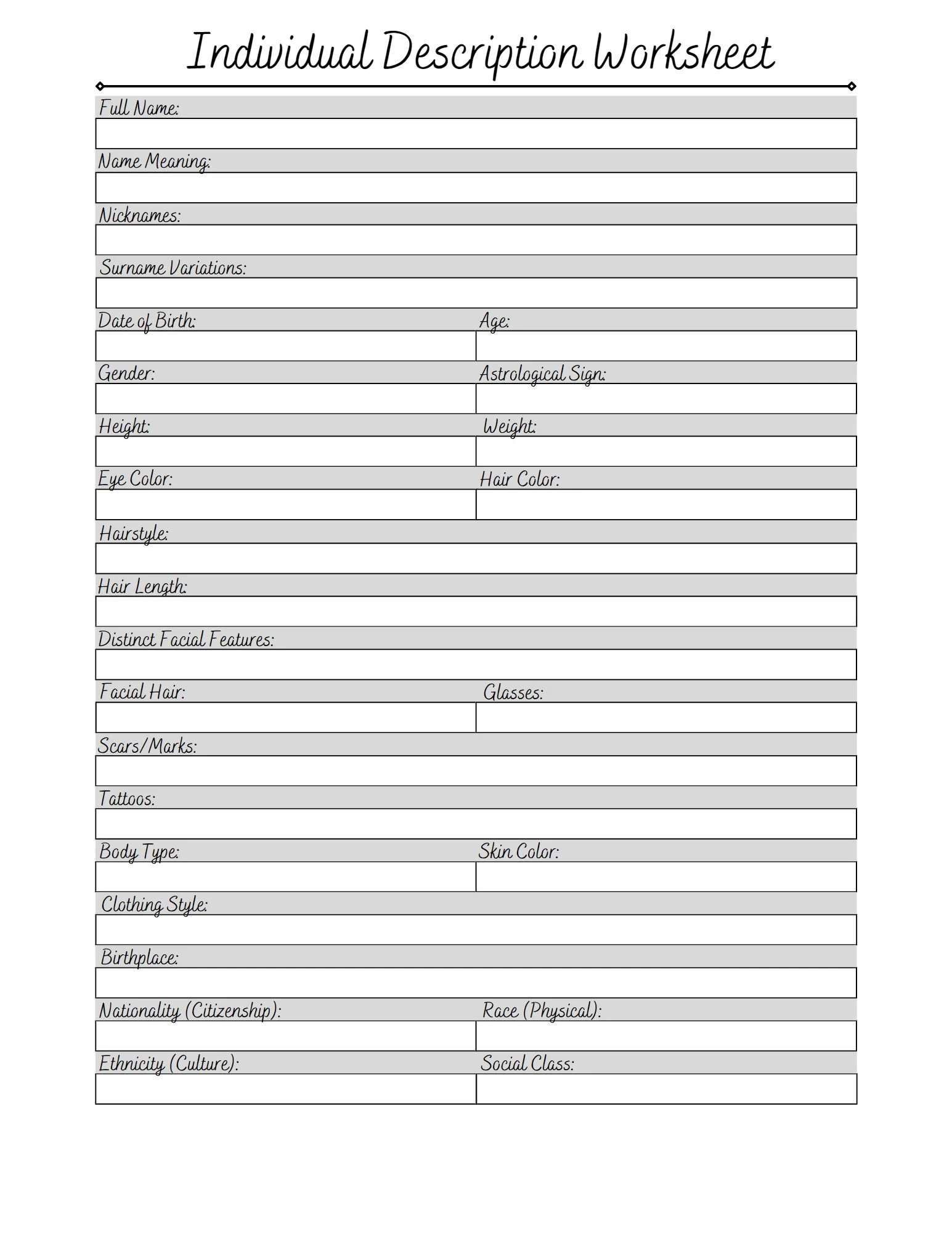 Individual Description Page Genealogy Worksheet Ancestry 