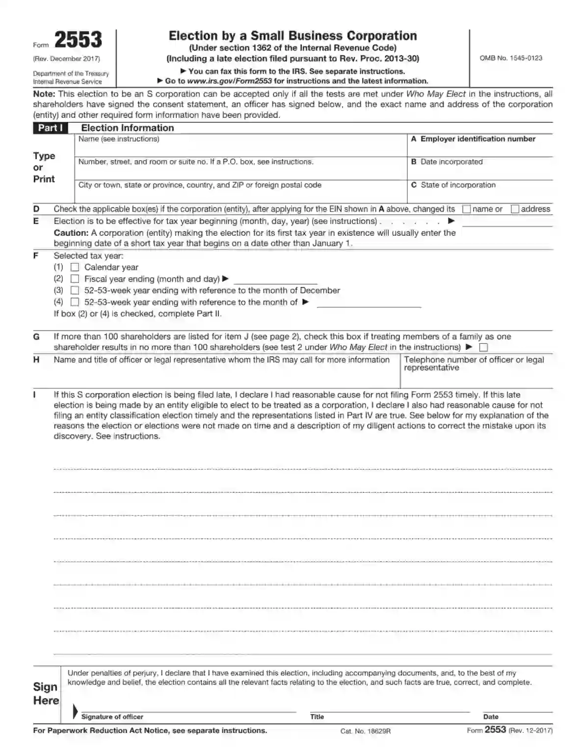 IRS Form 2553 Fill Out Printable PDF Forms Online