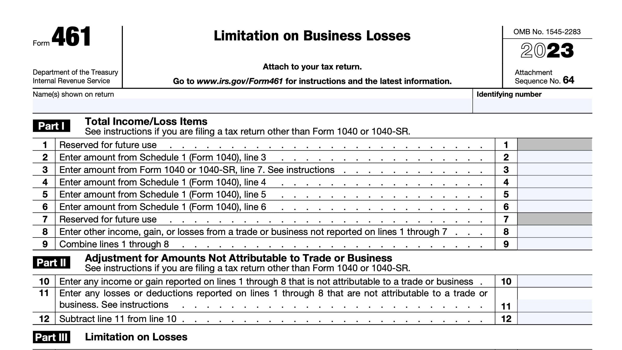 IRS Form 461 Instructions Limitation On Business Losses
