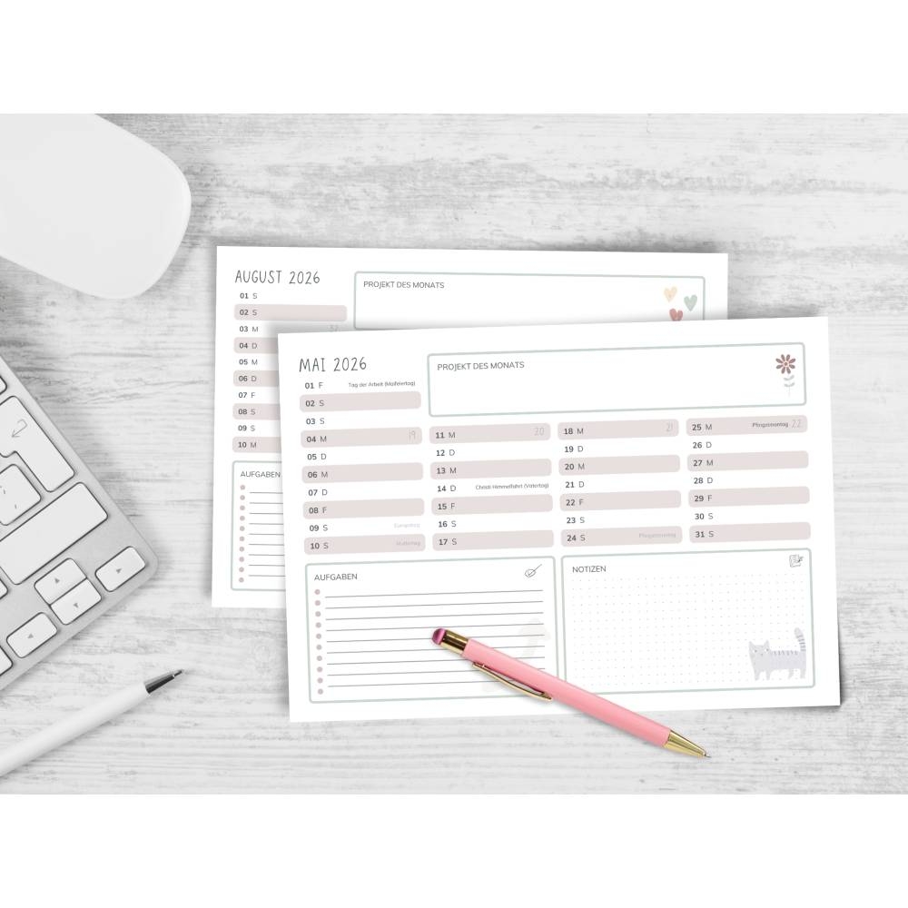 Jahreskalender 2026 Zum Ausdrucken PDF Download A4 Querformat Mit Feiertagen Und Kalenderwochen Rosa Verspielt B