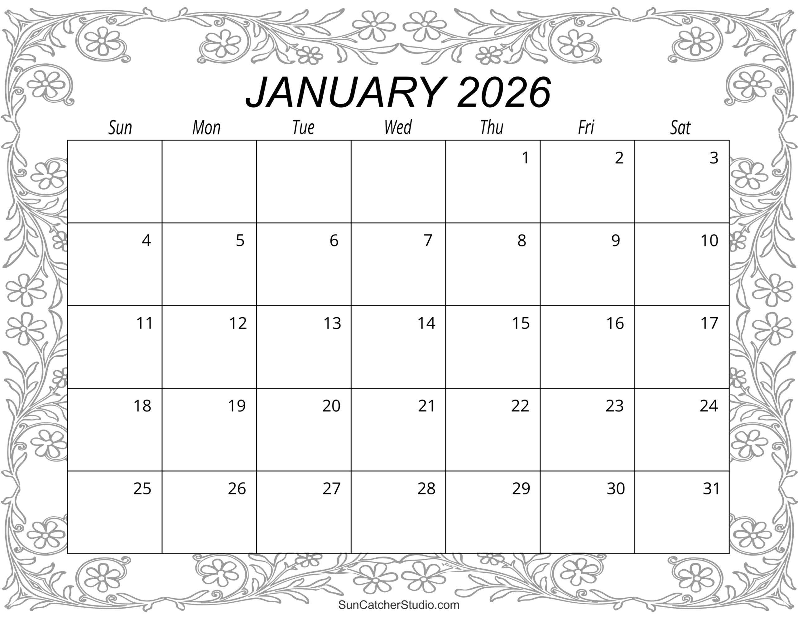Blank 2026 Monthly Calendar Printable