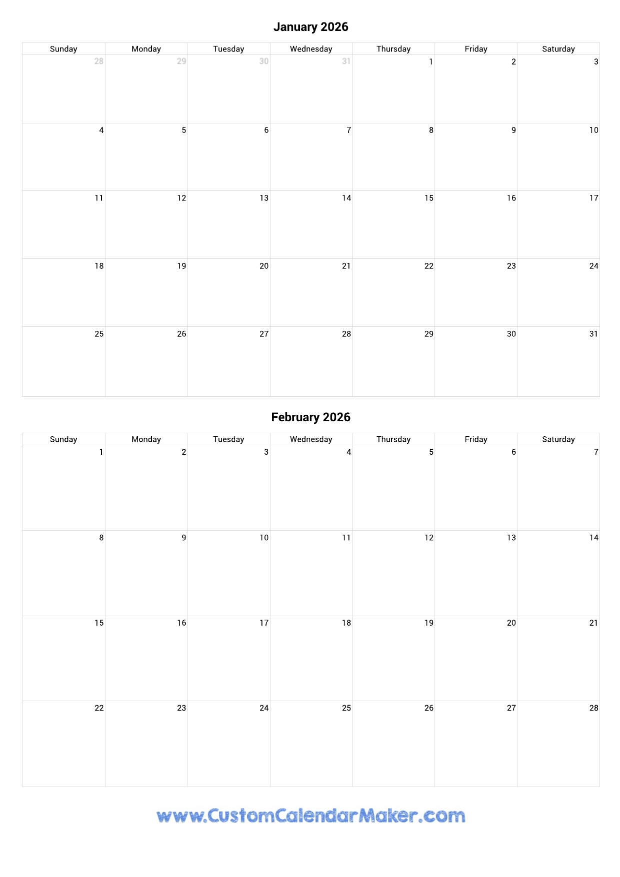 January And February 2026 Calendar Printable