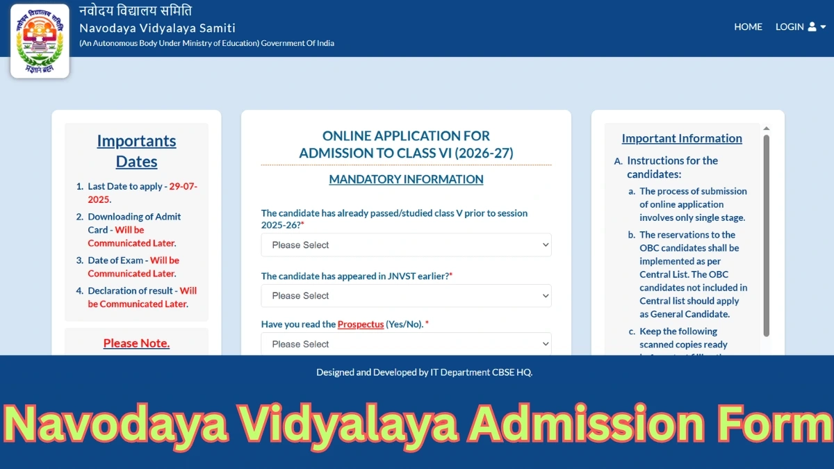 Jnv Class 6 Admission Form 2026 26