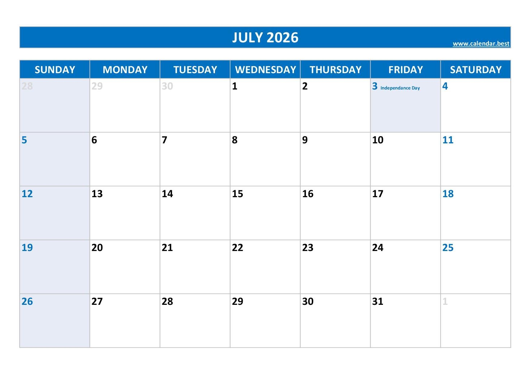 Printable Calendar 2026 Free Printable July