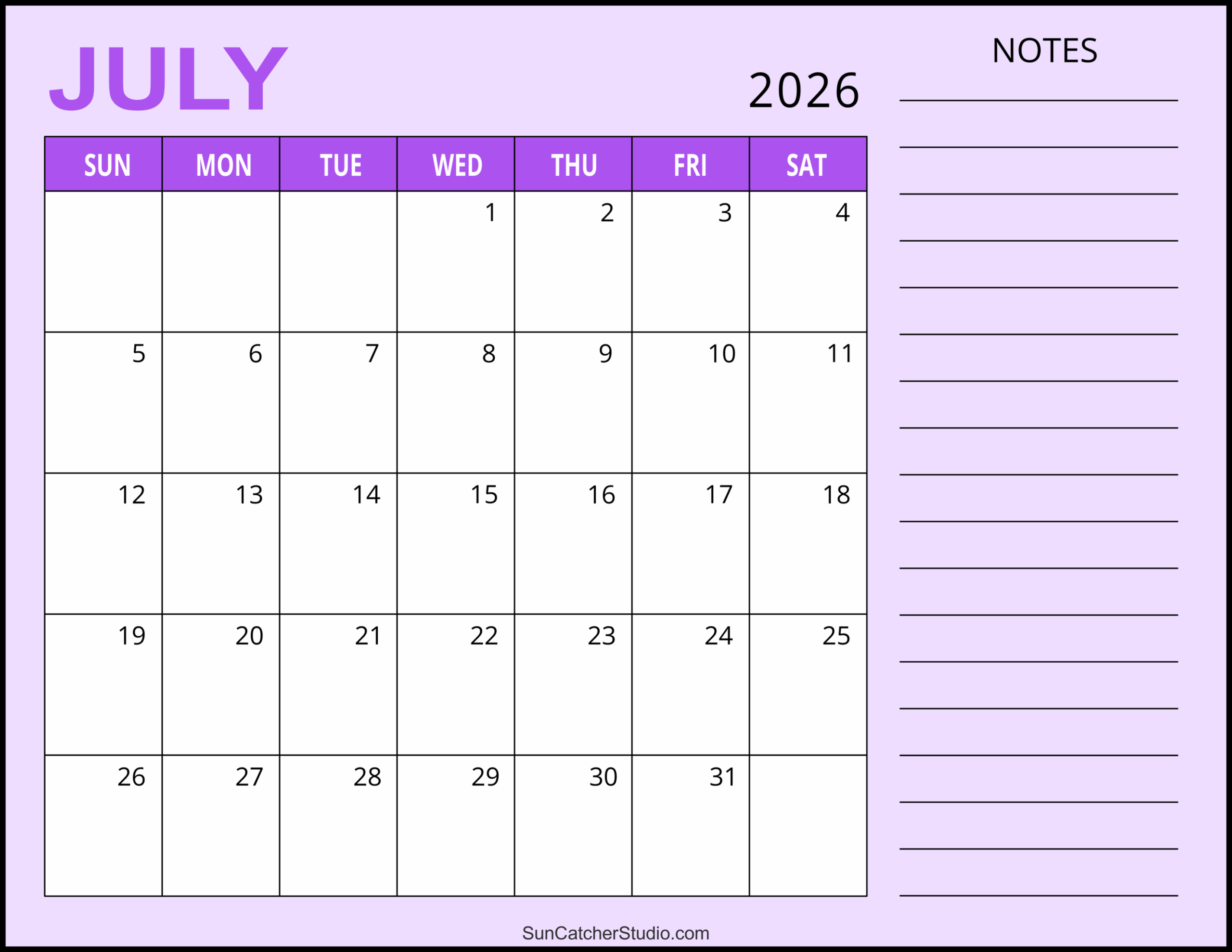Blank July Calendar 2026 Printable