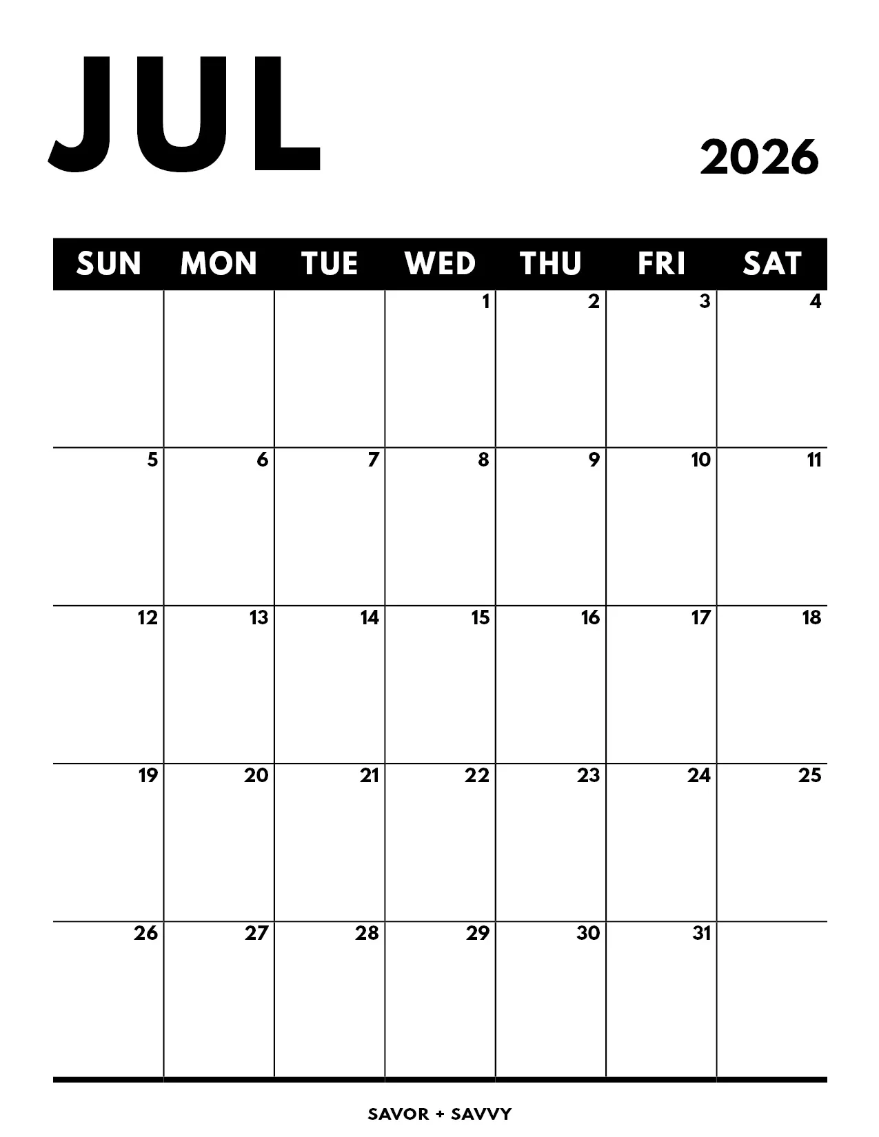 Blank Printable Calendarvertical July 2026