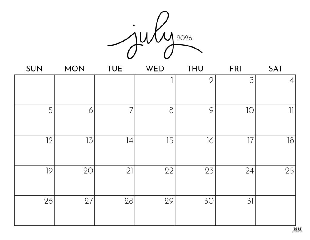 Blank Monthly Calendar Printable July 2026