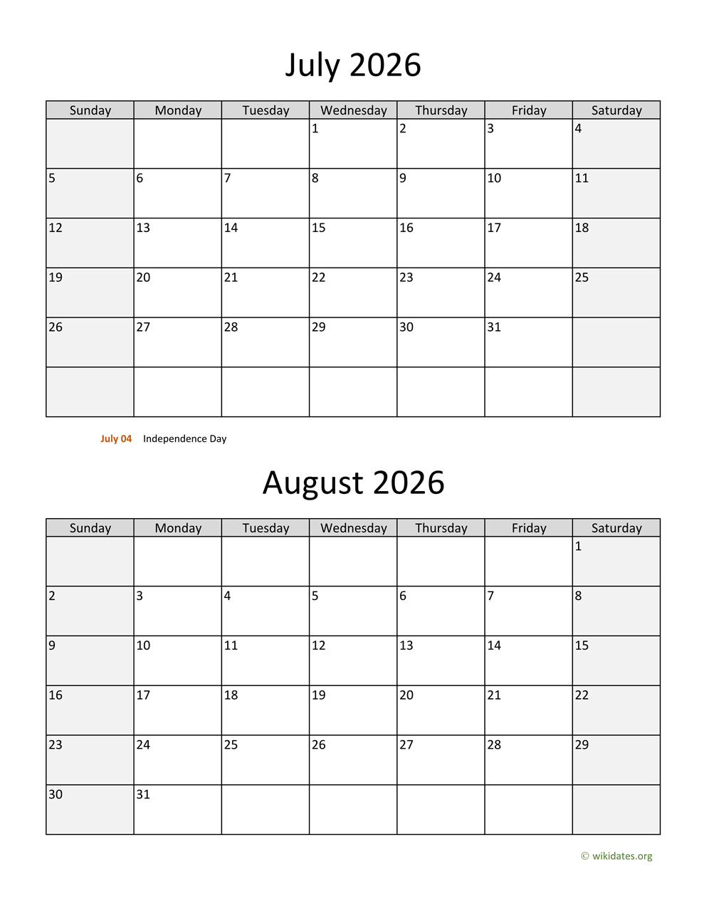 May June July August 2026 Calendar Printable
