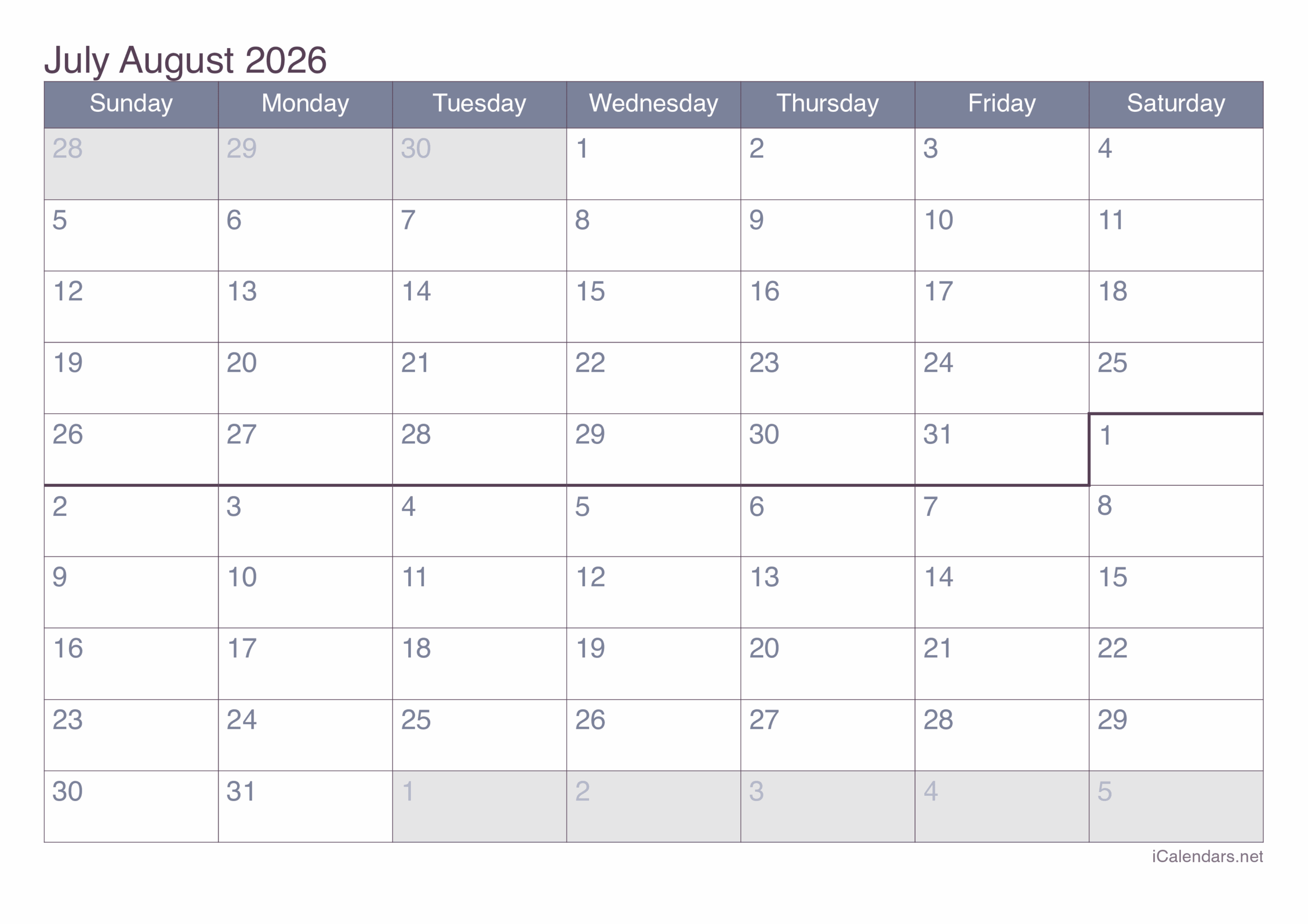 Blank Calendar July 2026 And August 2026