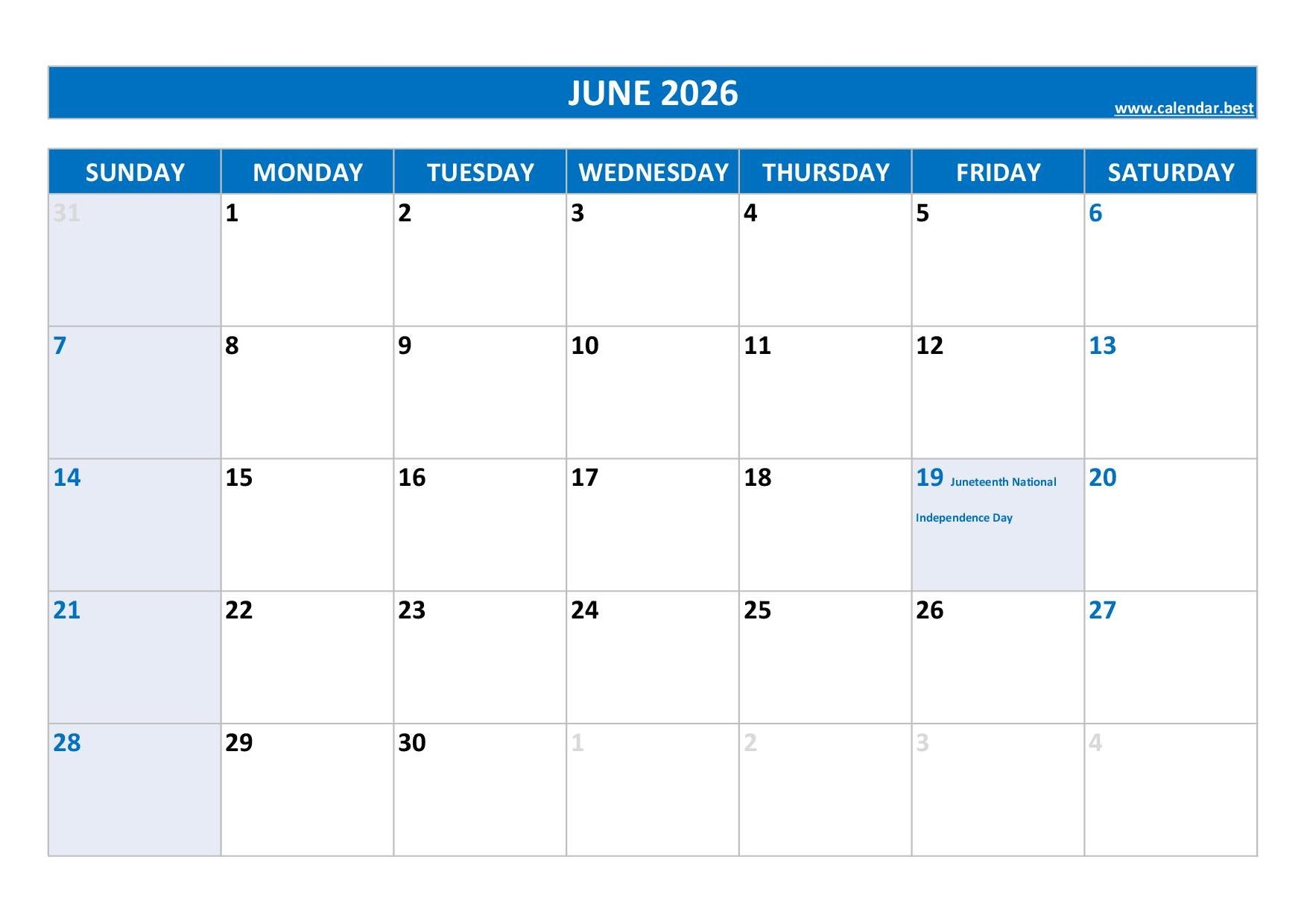 June Blank Calendar 2026 Printable Free