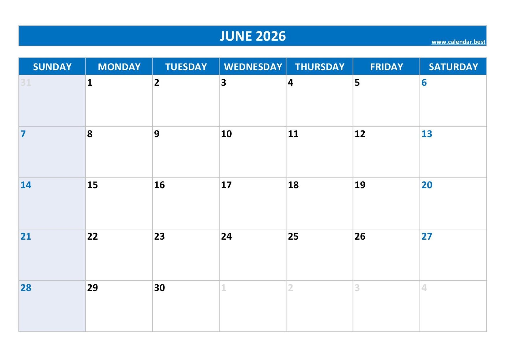 Blank Calendar Printable June 2026