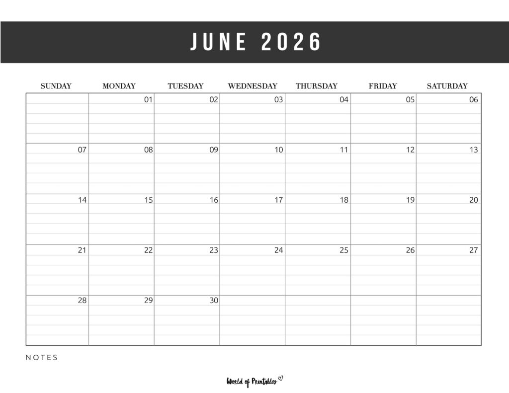 Free Printable June Calendar 2026 Blank