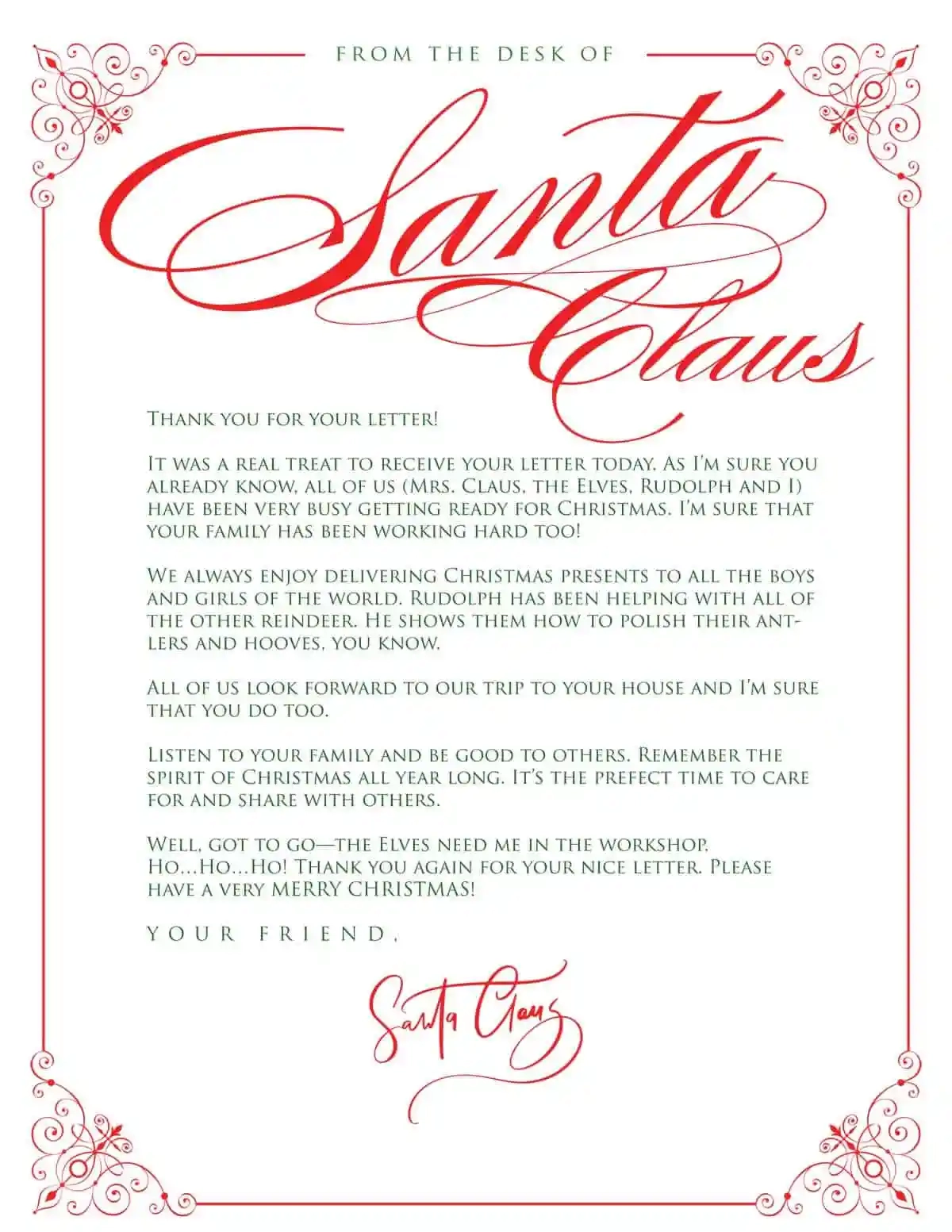 Free Letter From Santa Printable Template