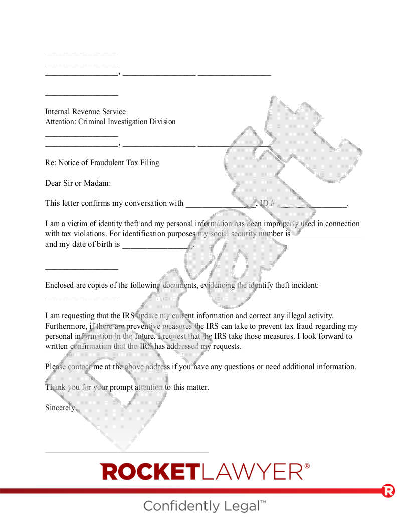 Letter To Notify The IRS Of A Fraudulent Tax Filing Rocket Lawyer