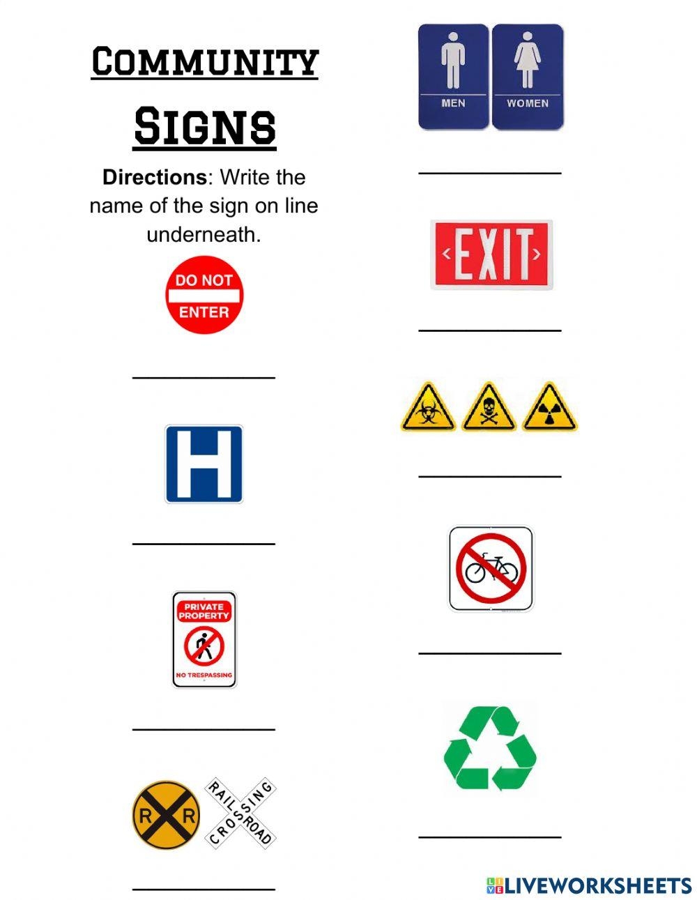 Community Signs And Symbols Worksheets