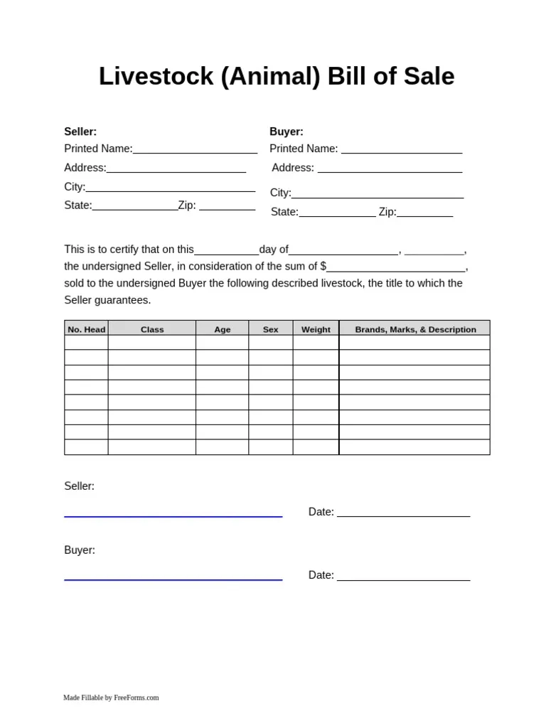 Bill Of Sale Form Free Printable For Cattle