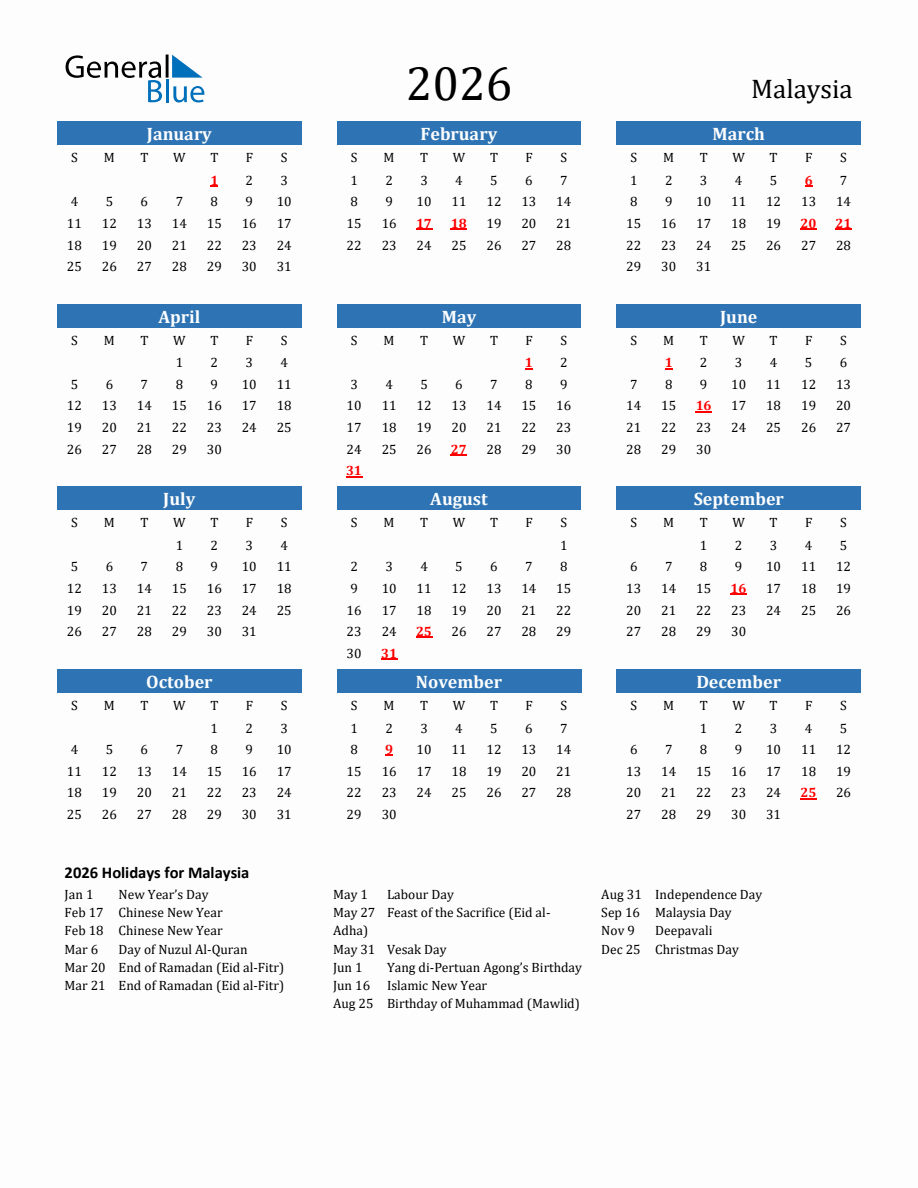 March 2026 Calendar With Holidays Malaysia