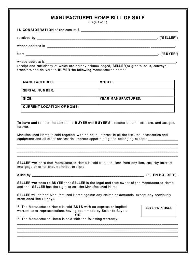 Manufactured Home Bill Of Sale Form Fill Online Printable 