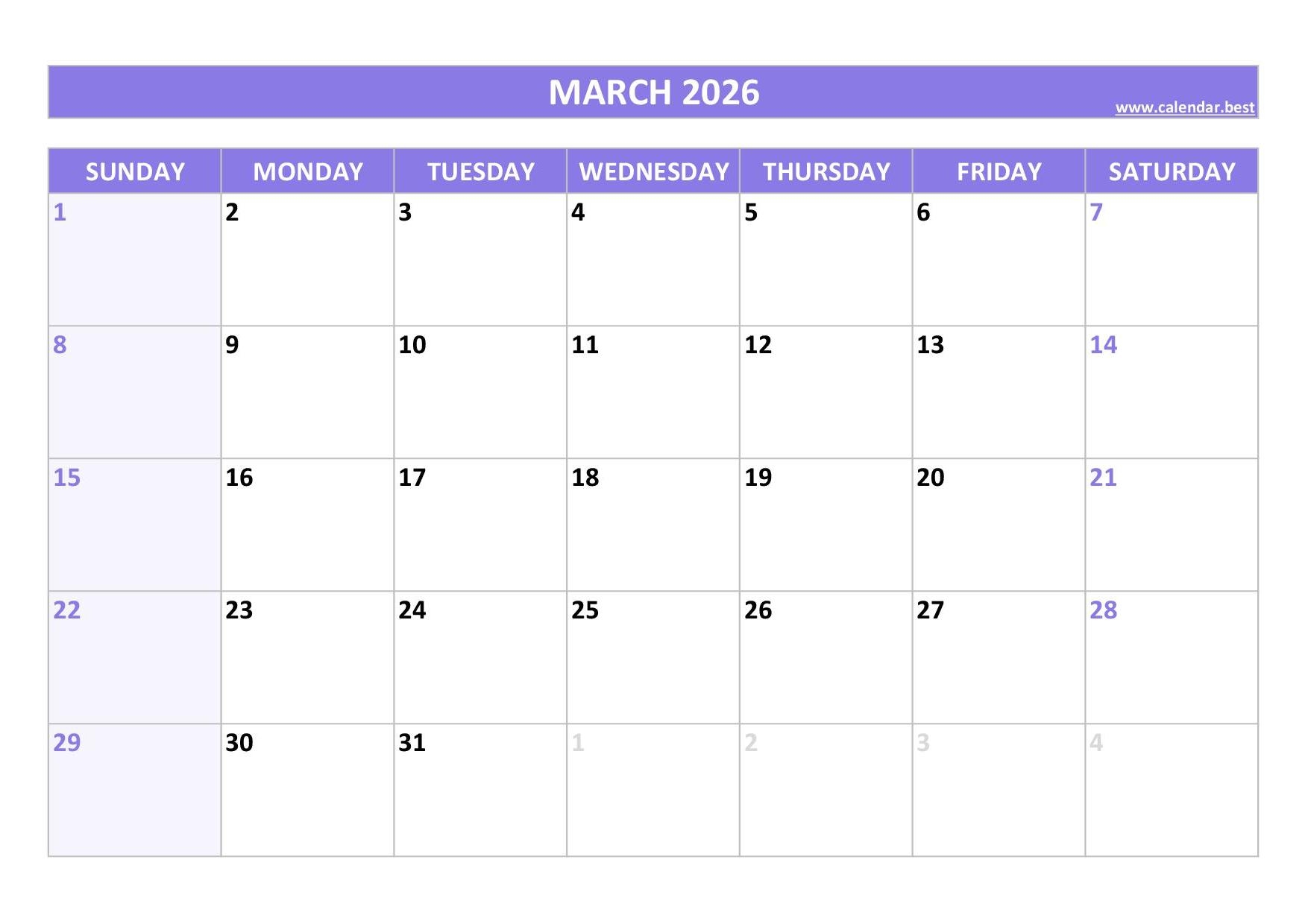 Calendar Template March 2026 Printable Free