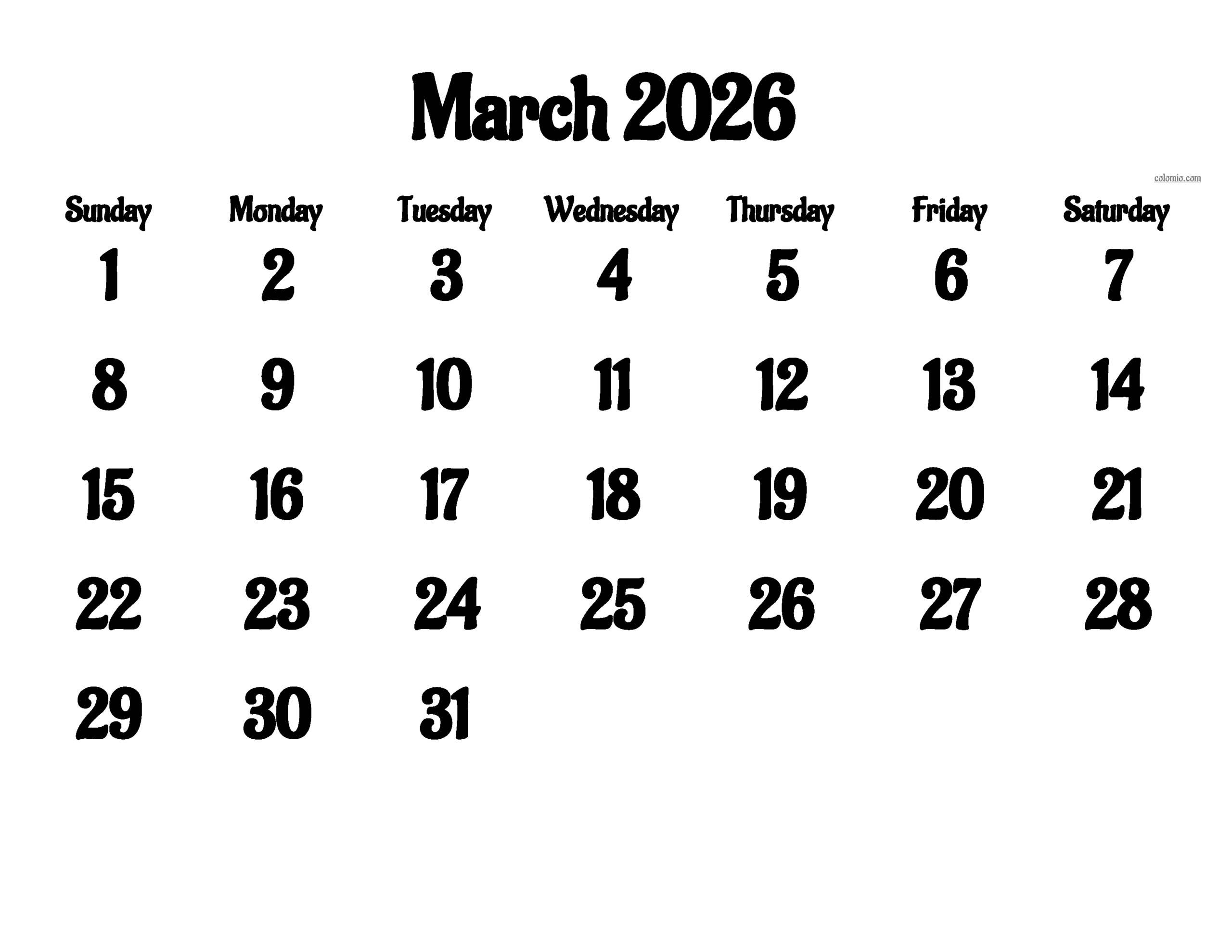 Calendar For March 2026