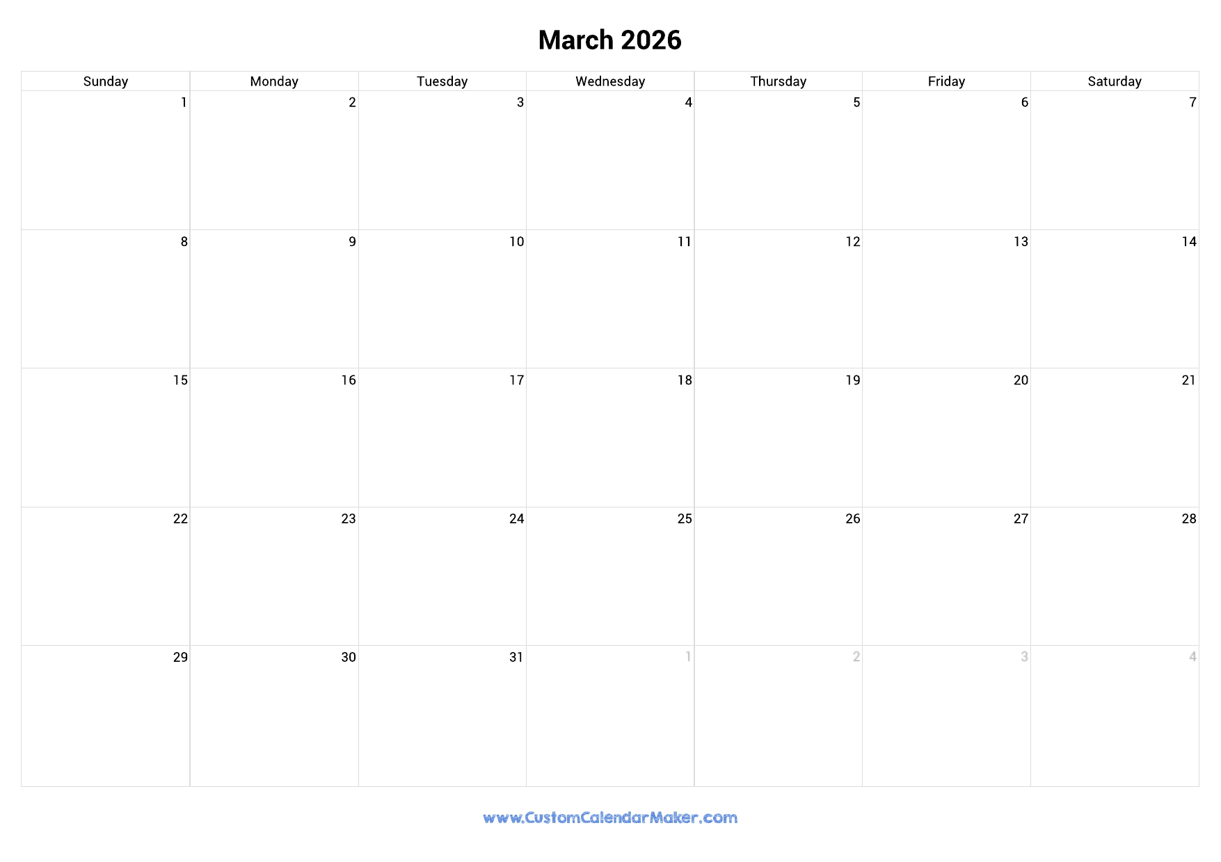 March 2026 Landscape Calendar With Large Boxes Custom Calendar Maker