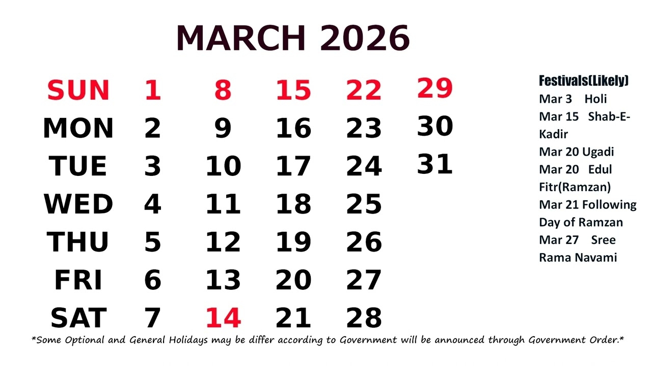 March Calendar 2026 YouTube