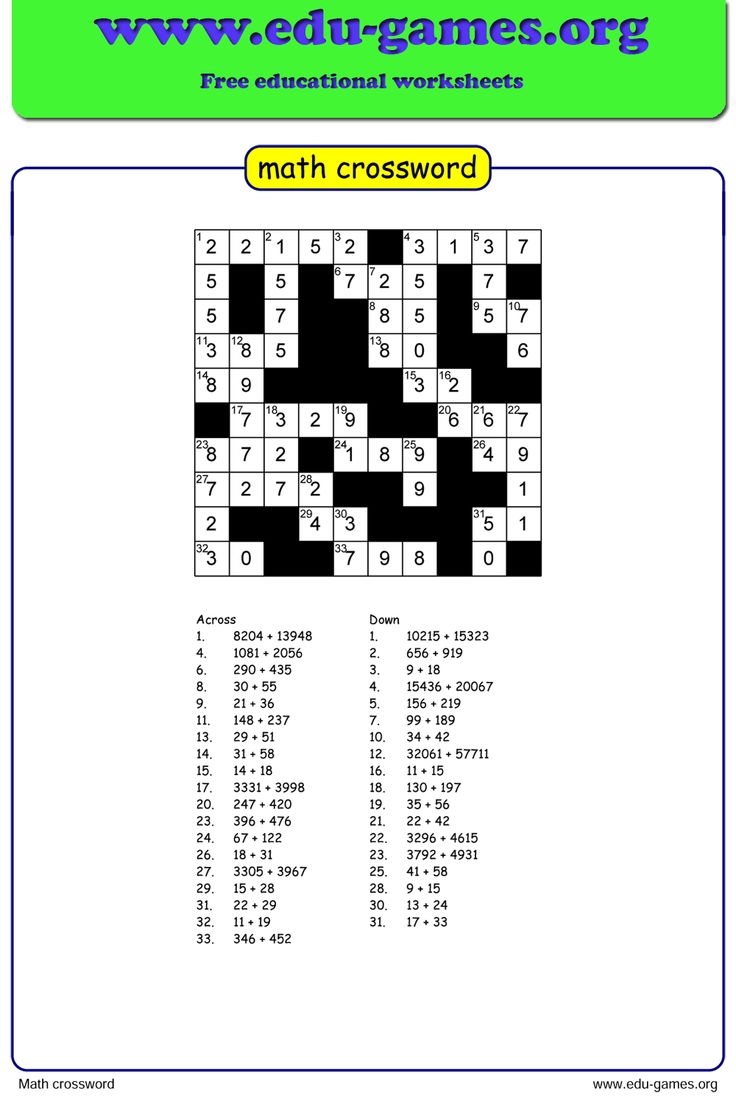Free Math Crossword Puzzles Worksheets