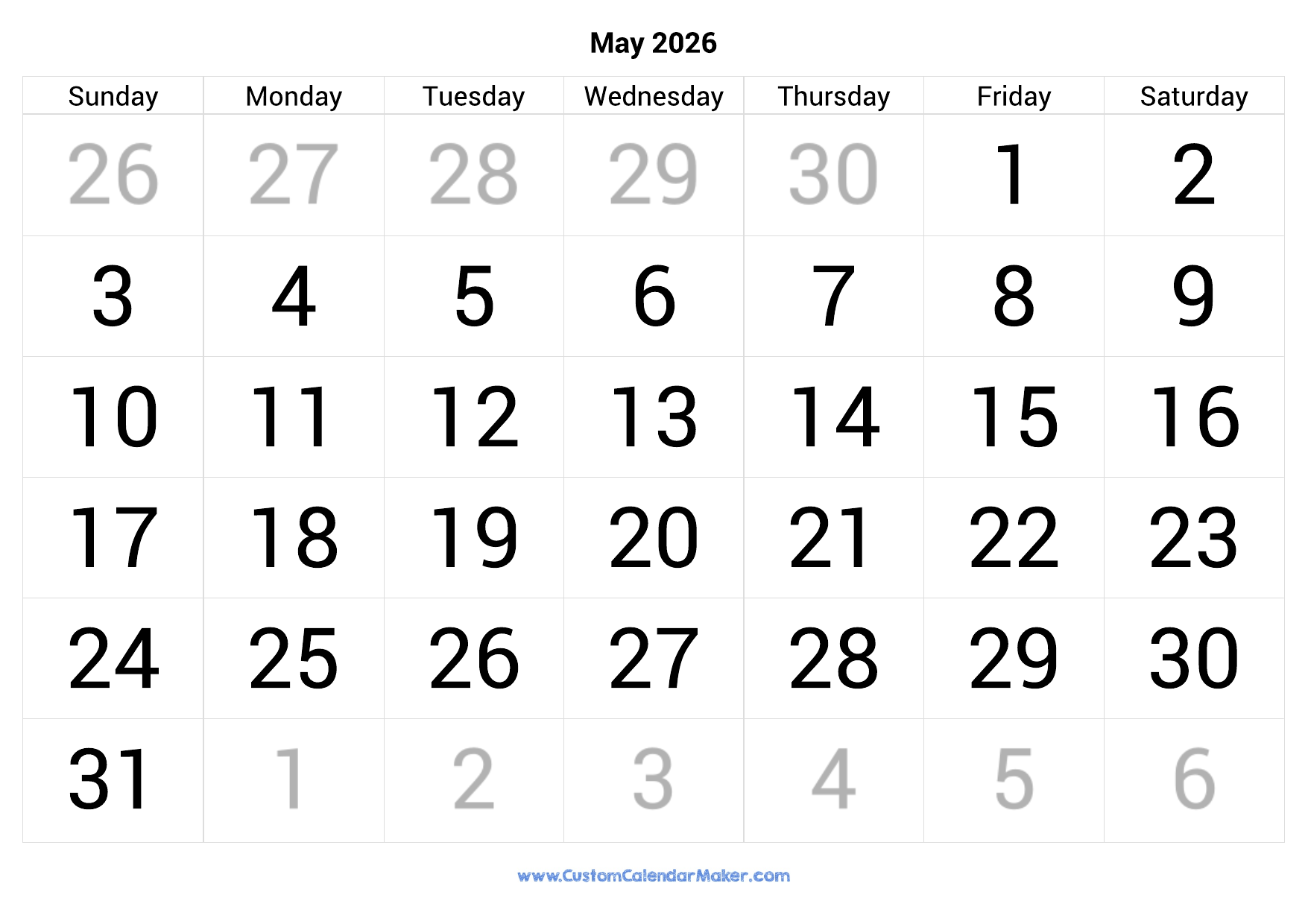Calendar Printable May 2026