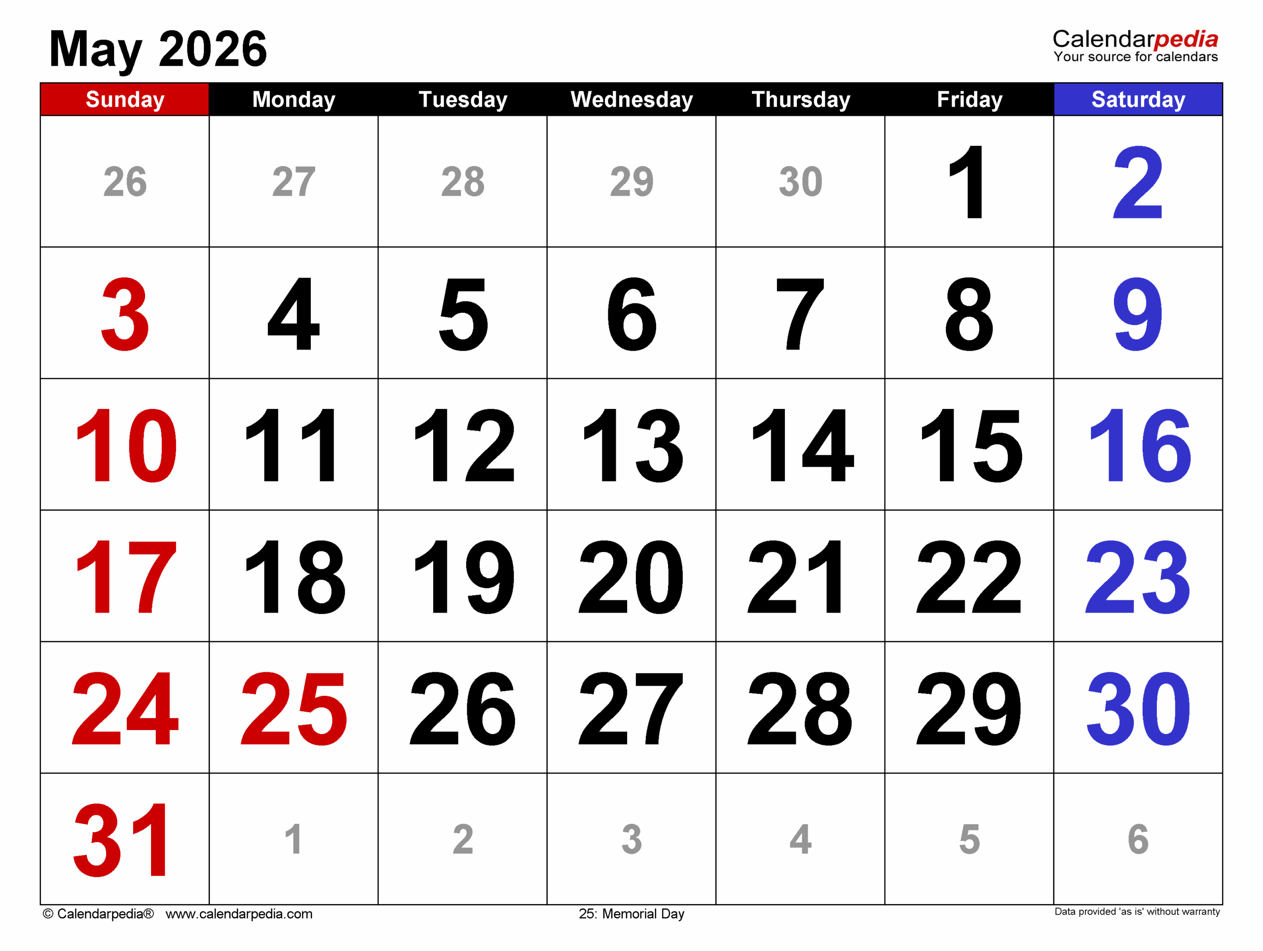 Blank Printable Word May 2026calendar