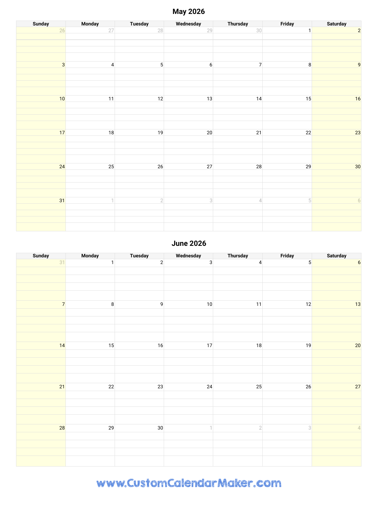 Blank Calendar June And July 2026