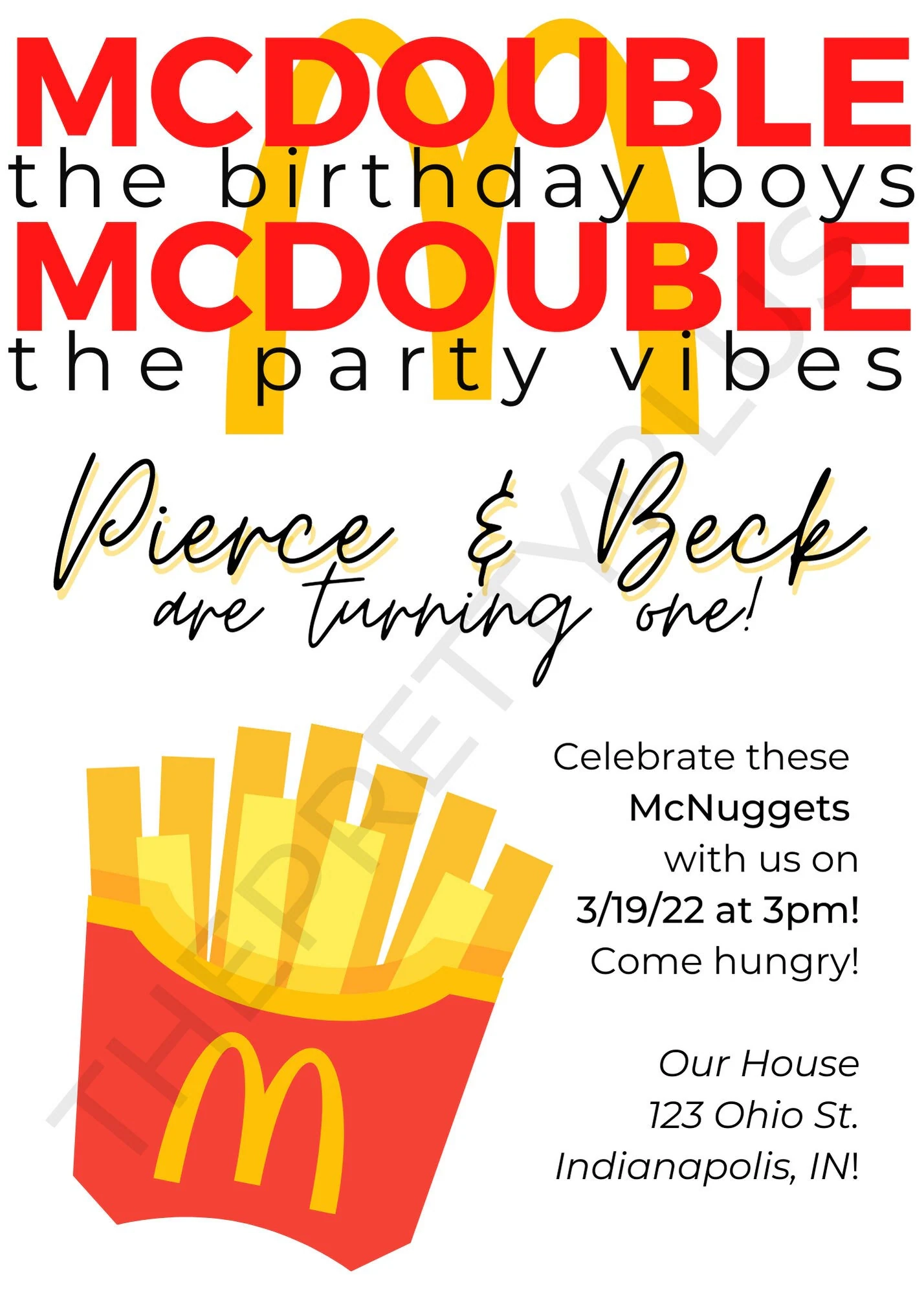 Mcdonald s Birthday Invitation For Twins Fully Customizable 