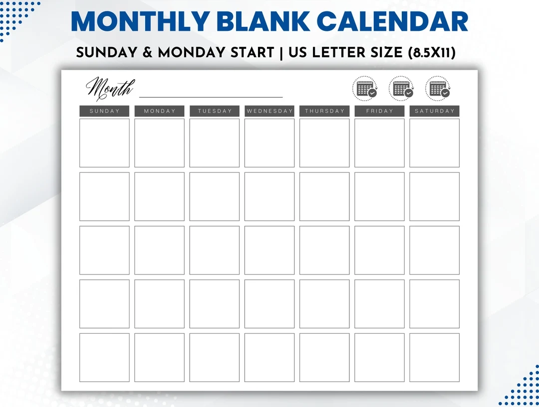 Printable Medium Size Blank Calendar