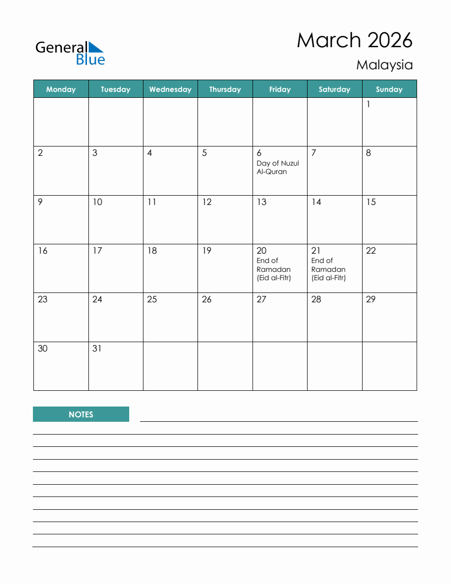 Monthly Planner With Malaysia Holidays March 2026 Monday Start 
