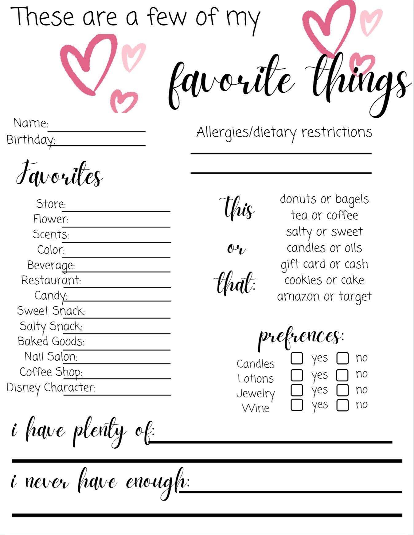 My Favorite Things List Free Printable Shop On Pinterest