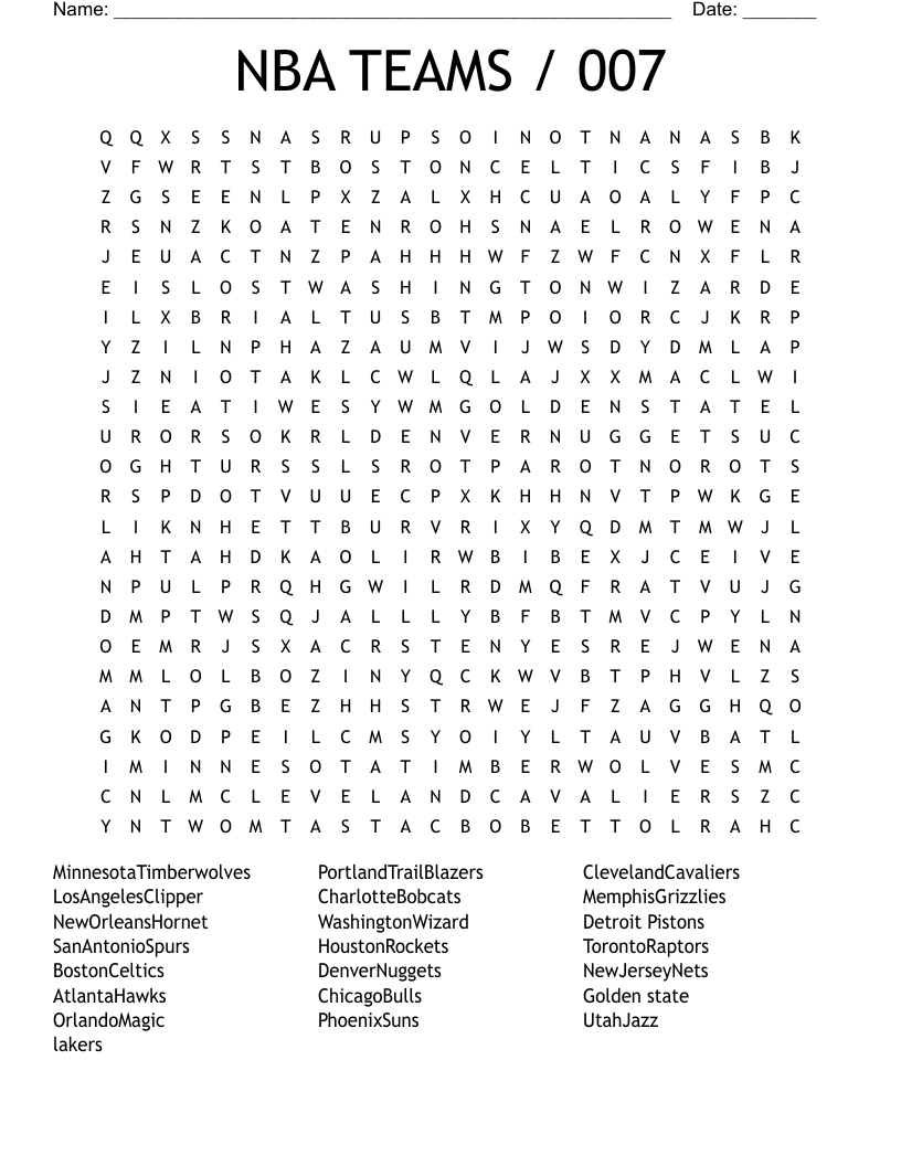 NBA Teams Word Search WordMint