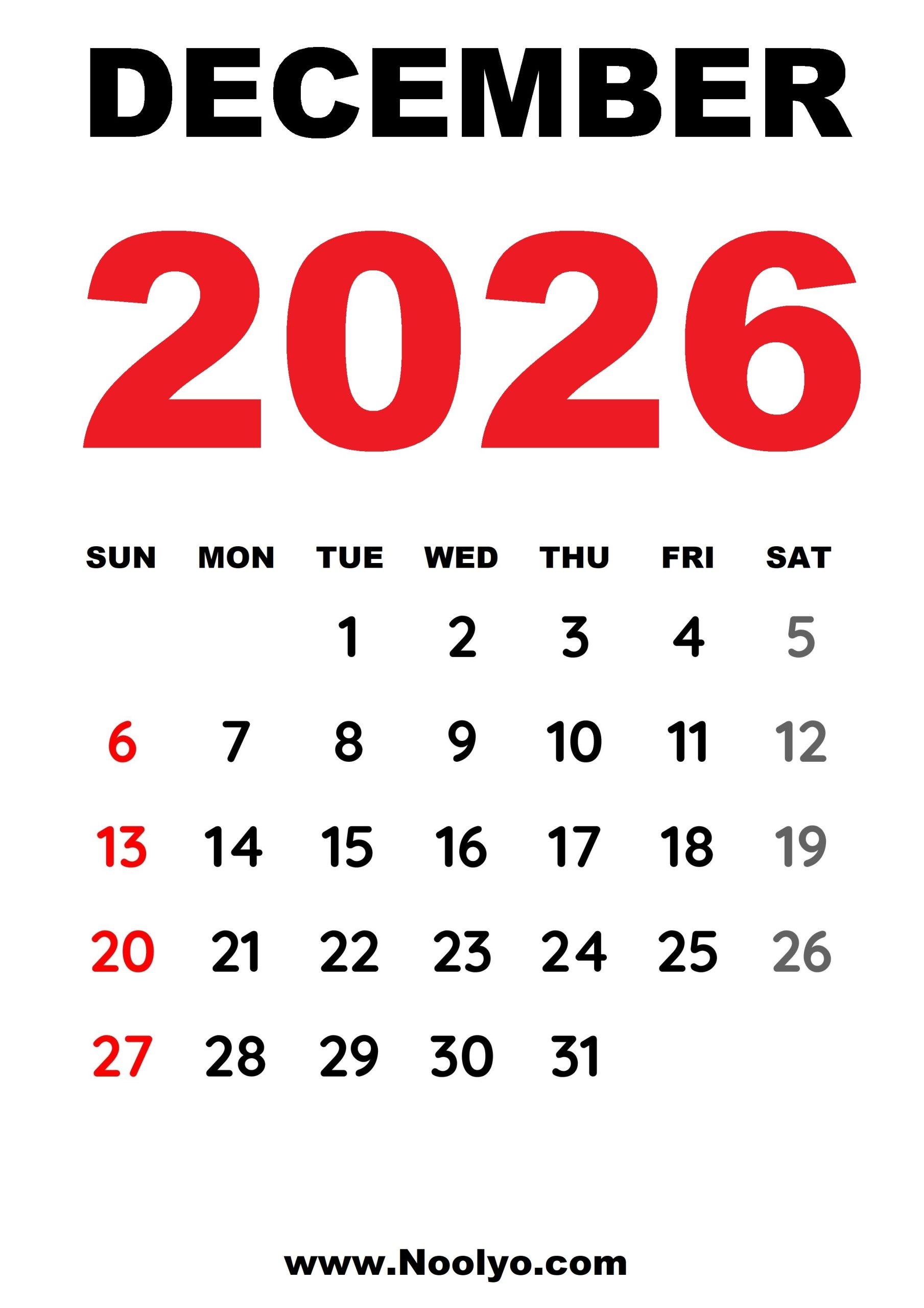 December 2026 Holiday Printable Calendar