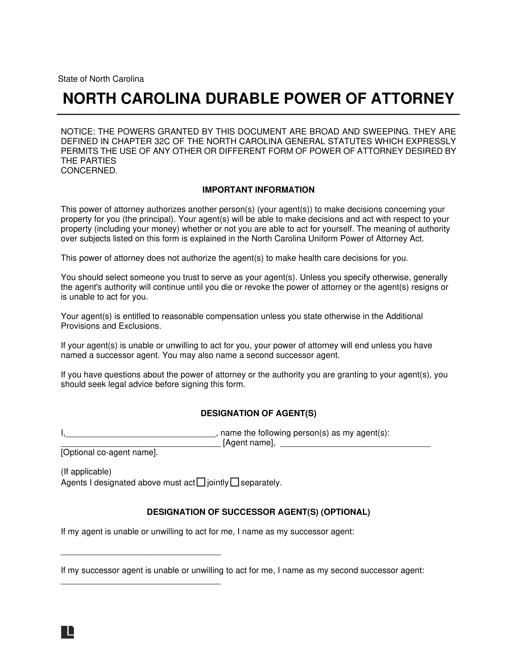 Durable Power Of Attorney Forms Printable Nc