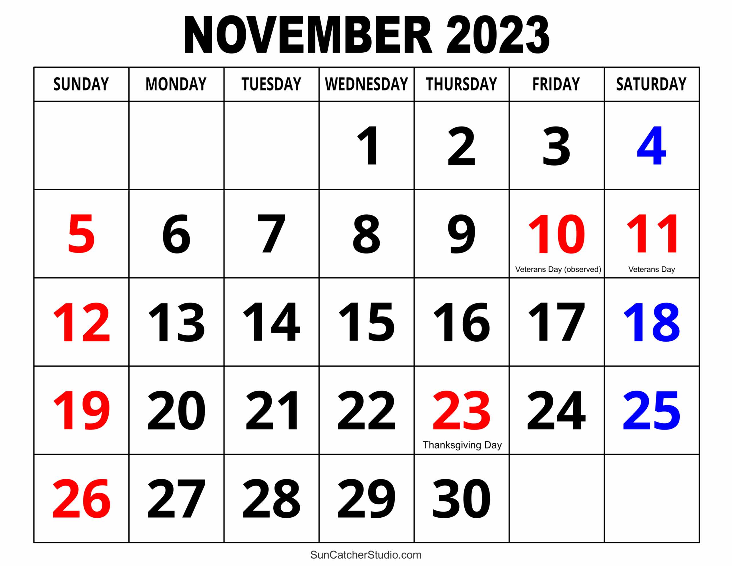 Free Printable November Calendar With Holidays