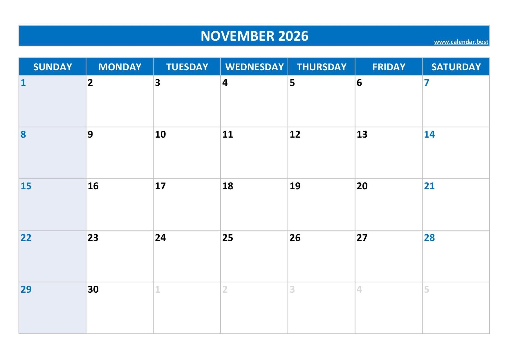 2026 Blank Printable November Calendar