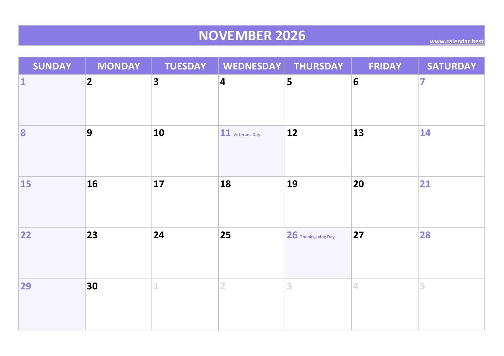 Printable Festive November 2026 Calendar