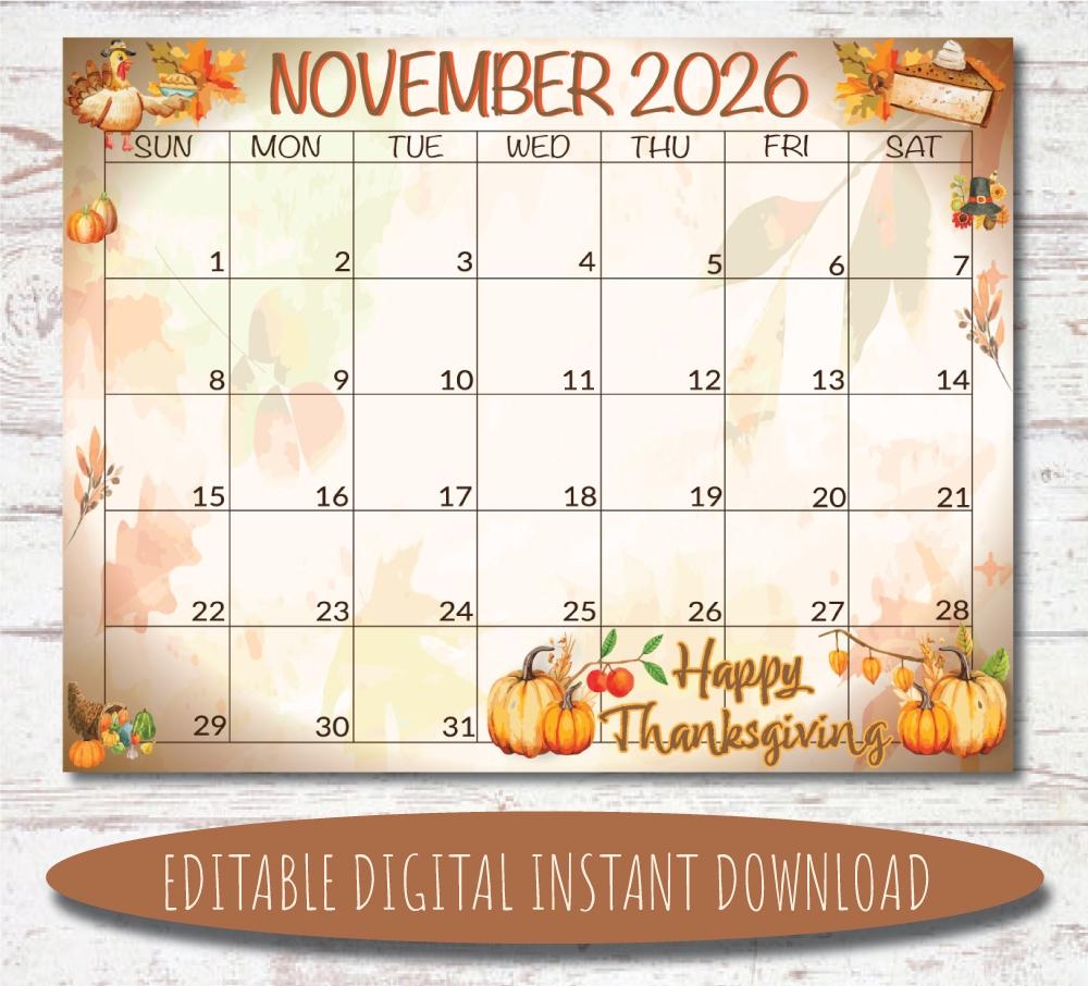 November 2026 Calendar Thanksgiving Printable