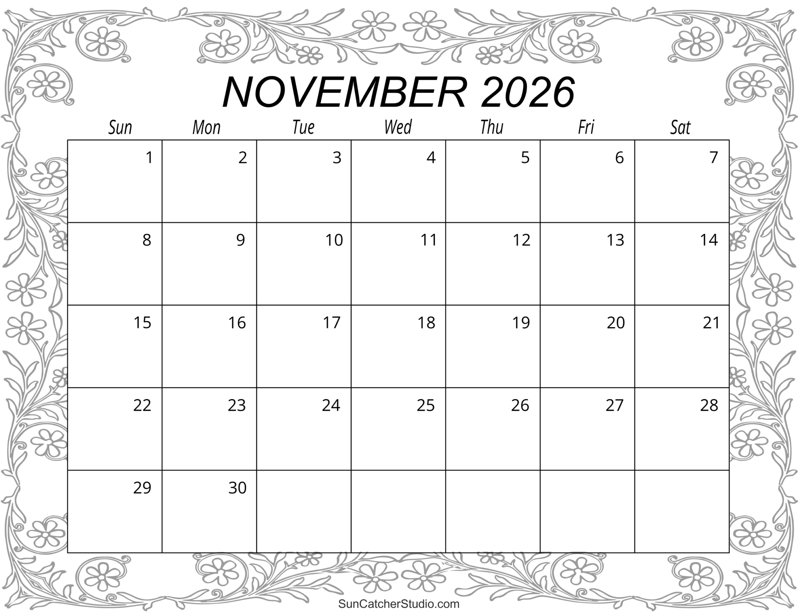 Lined Printable November 2026 Calendar Page