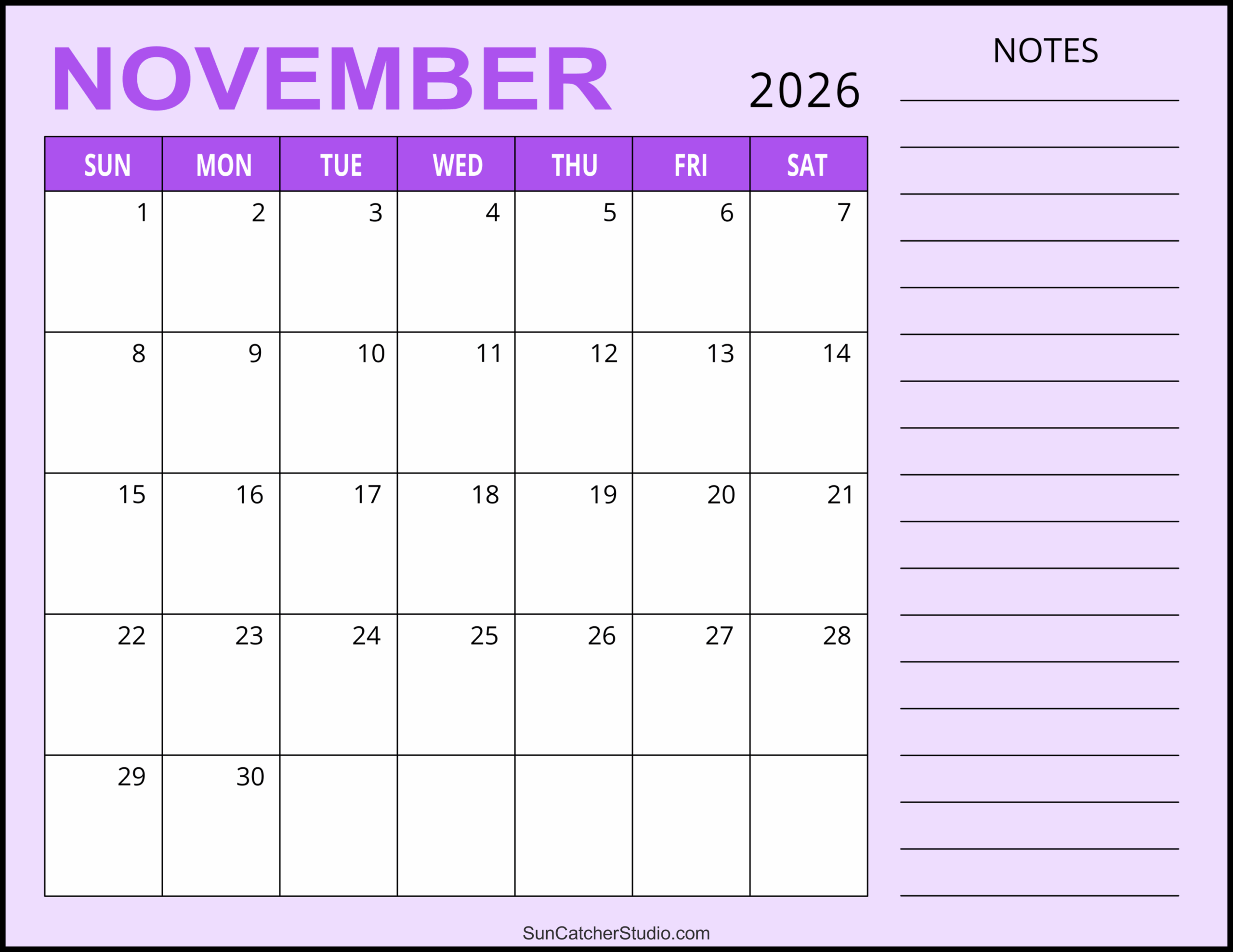 Printable November 2026 Calendar Horizontal