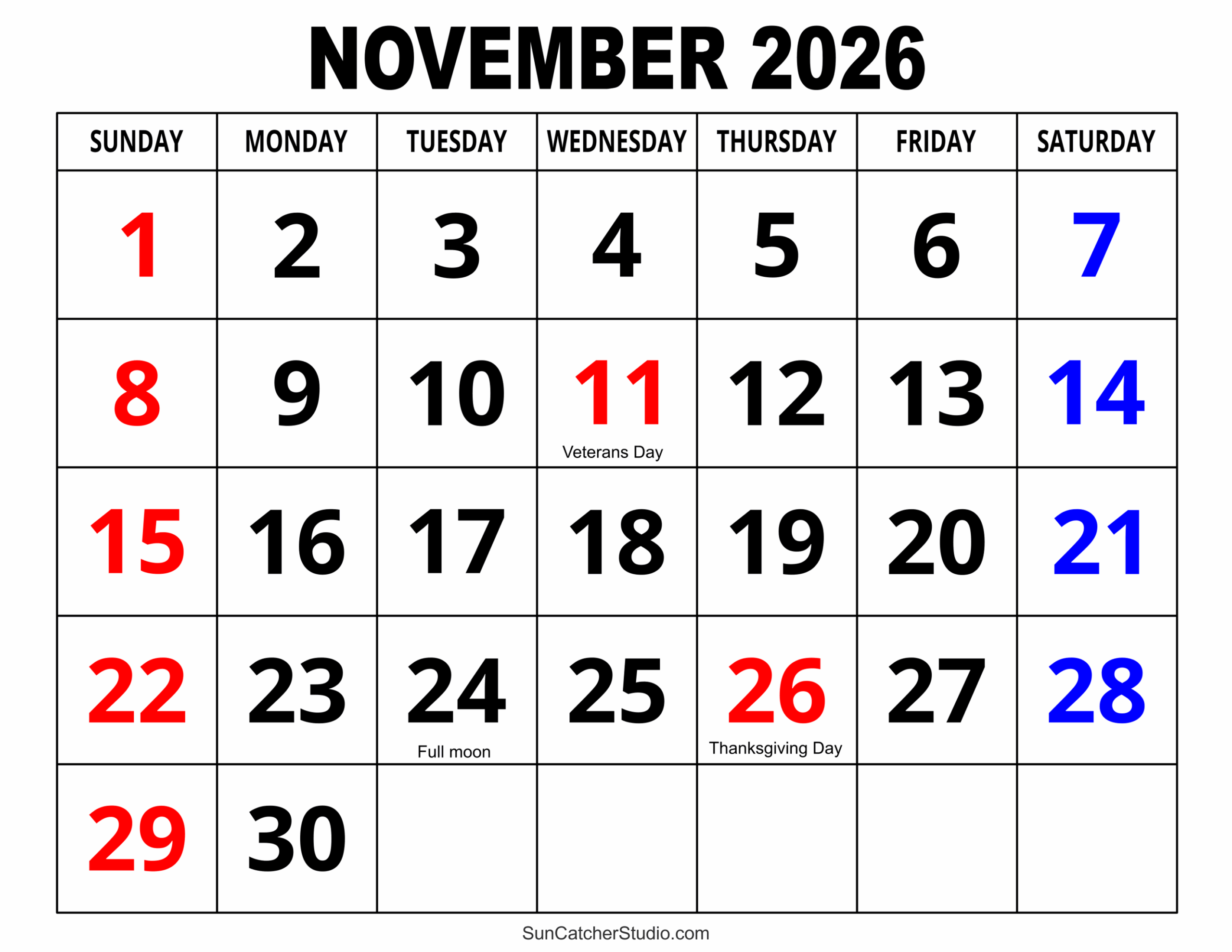 Printable Monthly Calendar 2026 November