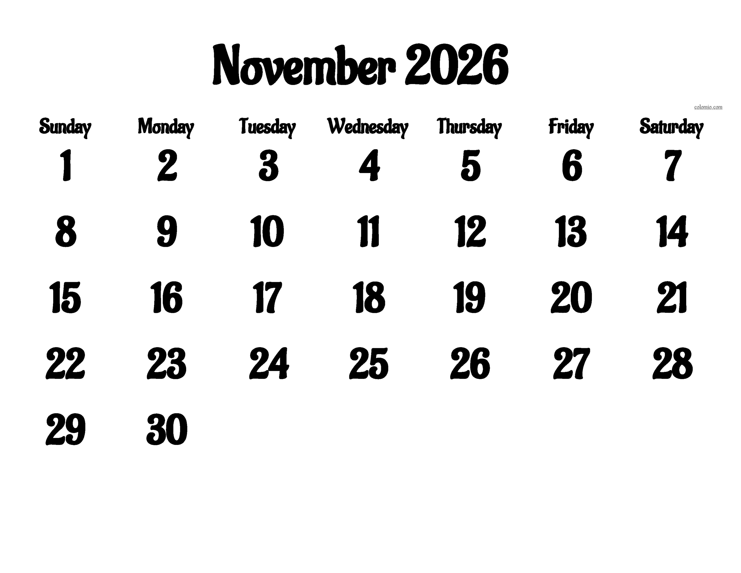 Printable 2026 Calendar November 2026