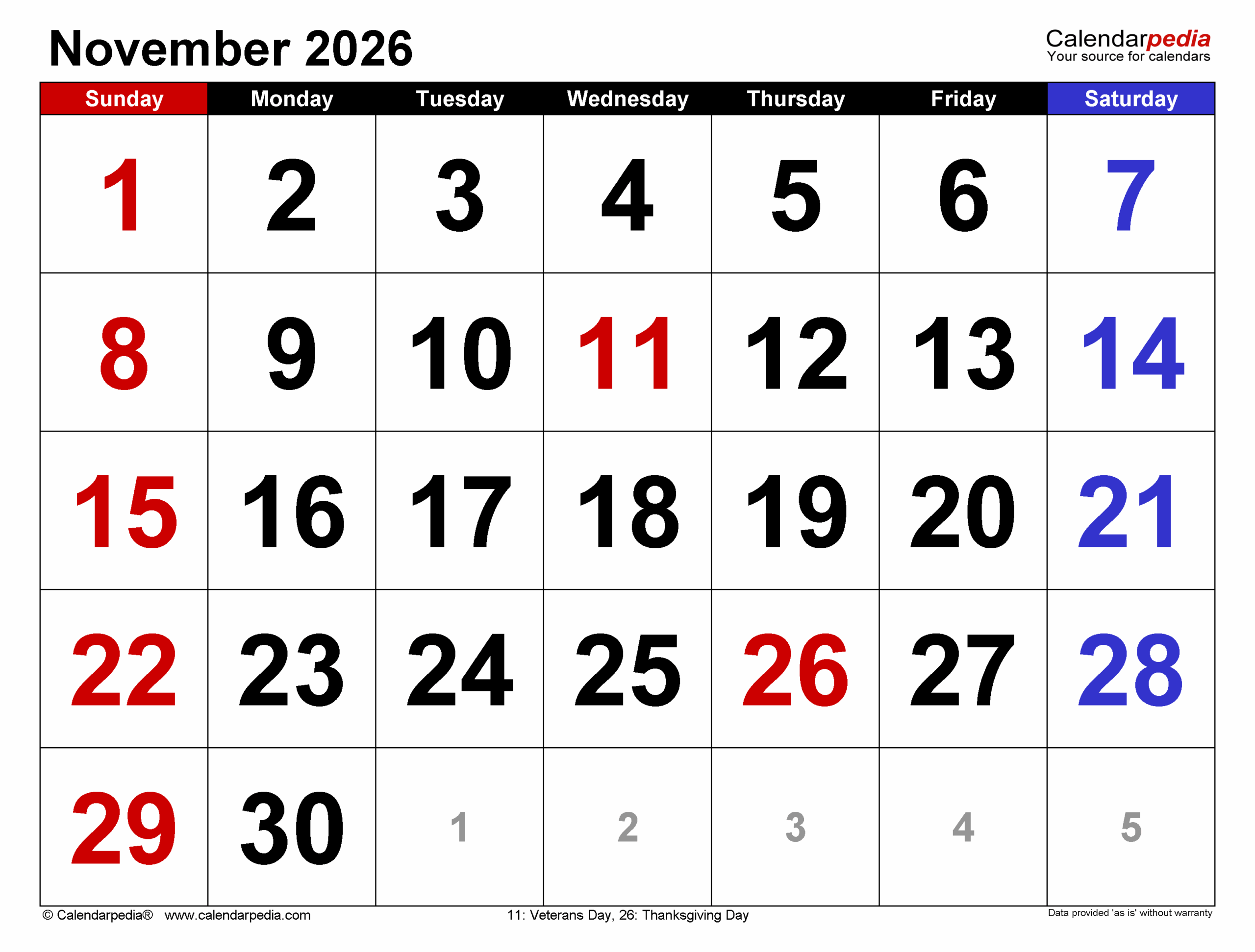 November 2026 Calendar Free Printable Online