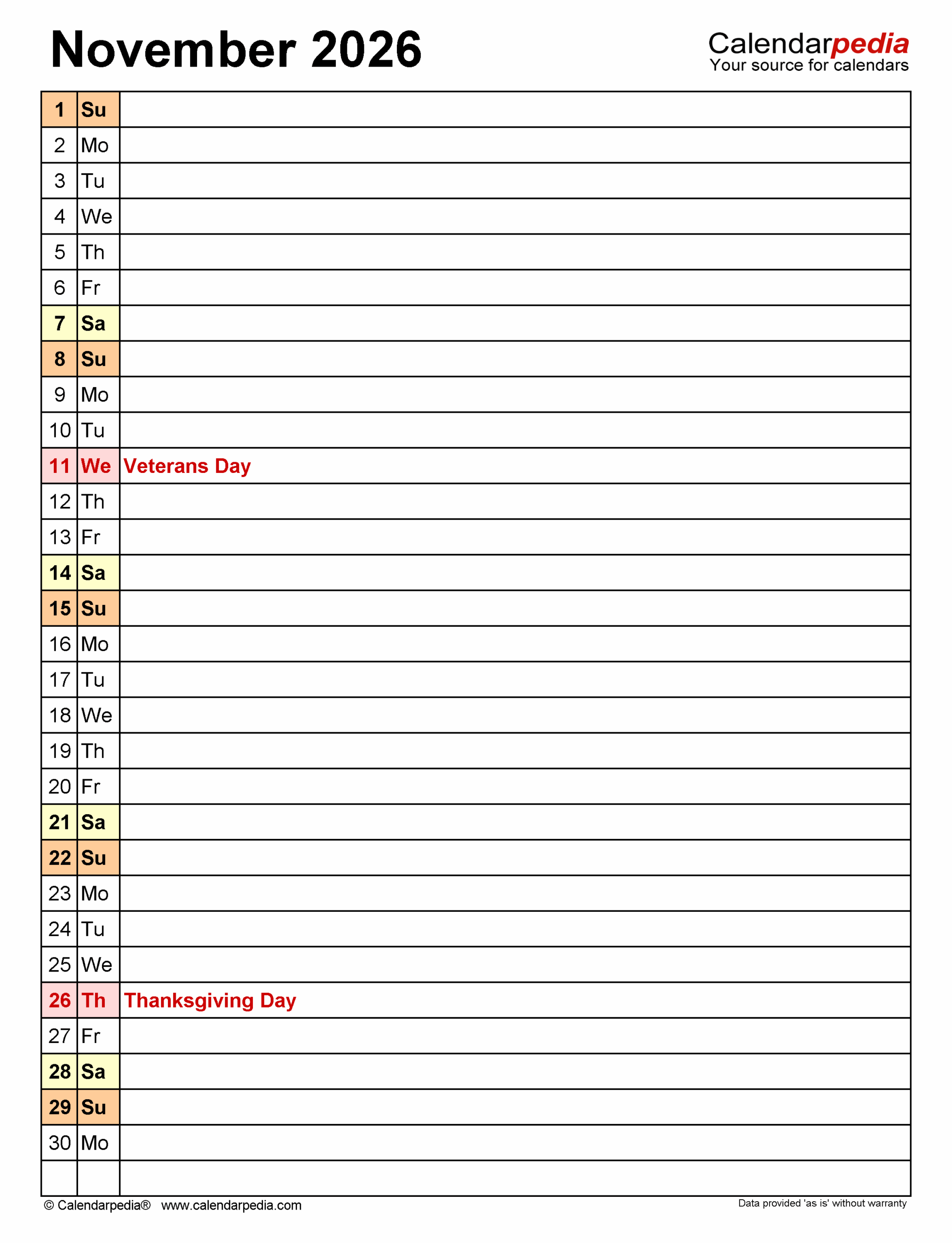November 2026 Daily Calendar Printable
